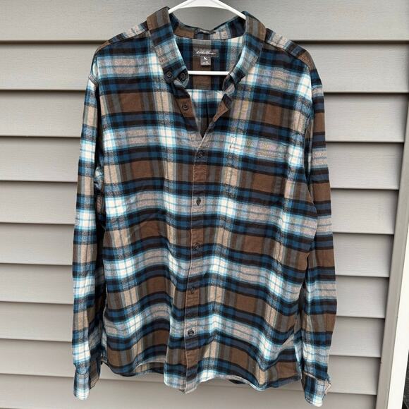 Eddie Bauer XL Classic Fit Plaid Flannel Button Long Sleeve Brown Blue White - Picture 4 of 12